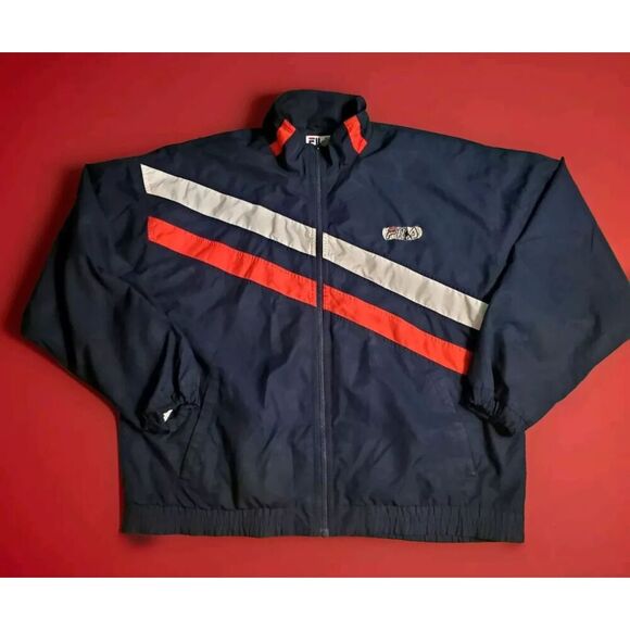 Vintage Men's Track Jacket Fila Zip Up XXL Navy Blue 1990s Stripe White and Red - Picture 1 of 7